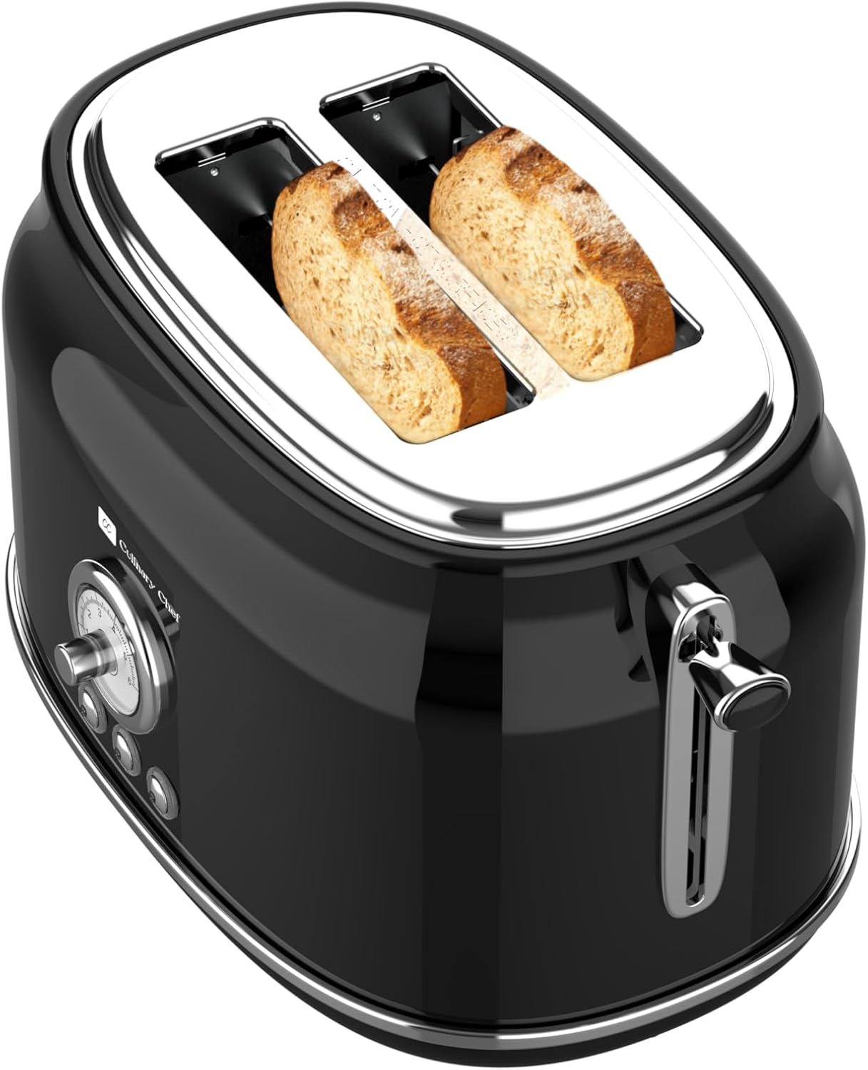 CULINARY CHEF, 2 Slice Toaster, Retro Style, Wide Slot for Bread, English Muffins, Croissants, and Bagels, 6 Adjustable Toast Settings, Cancel and Defrost, 900w, Black