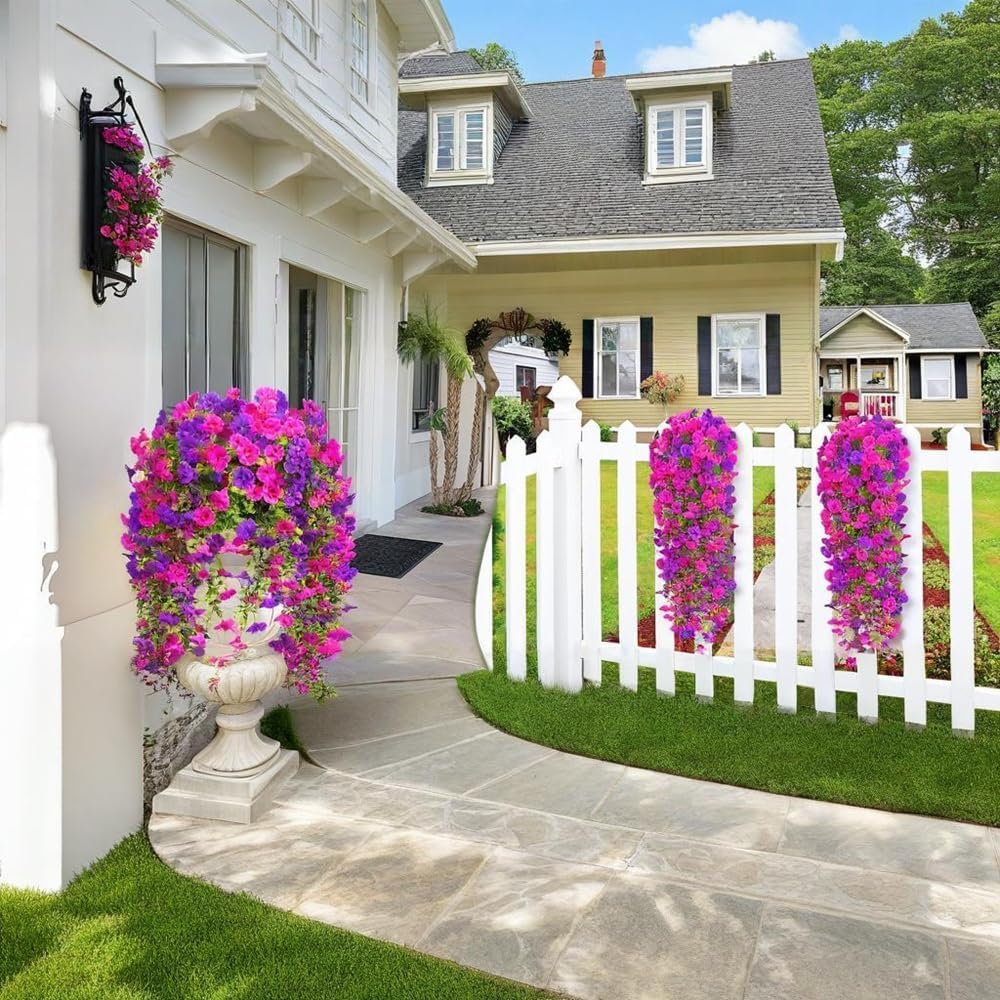 Jasion 4 Bundles Artificial Hanging Flowers Outdoor Realistic Morning Glory Silk Fake Plants UV Resistant for Porch Balcony Fence Decor (Purple&Rose Pink)