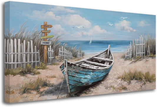 Ardemy Boat Canvas Wall Art for Living Room Large Teal Bedroom Pictures Wall Decor Textured Beach Paintings Artwork Dining Room Home Office Kitchen, 48"x24"