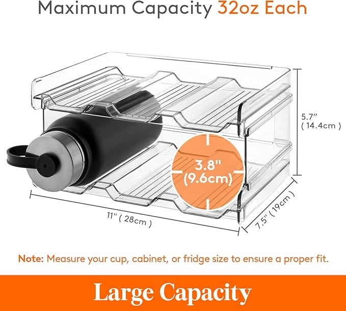 Lifewit Stackable Water Bottle Organizer for Cabinet, Kitchen Pantry Organization and Storage, Plastic Fridge Wine Racks, Tumbler Travel Cup Holder, Triple 2 Pack, Hold 18 Bottles