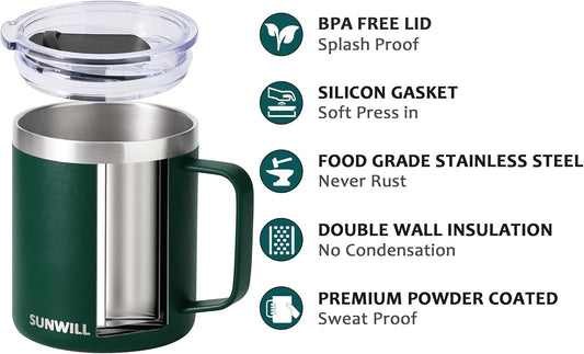 SUNWILL Travel Coffee Mug with Lid, Insulated Cup with Handle, 14 oz Stainless Steel Tumbler for Camping, Office, Outdoor, Powder Coated Forest Green