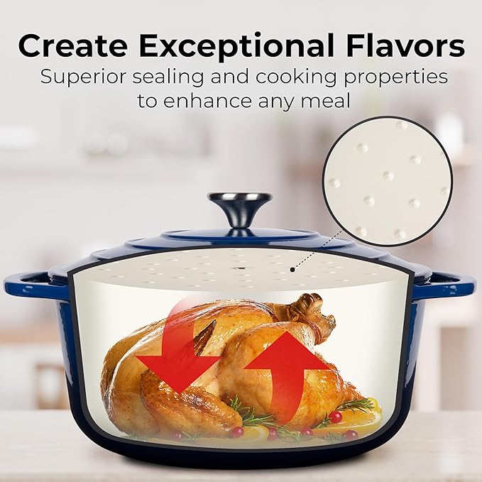 Zulay Kitchen 6 Quart Enameled Cast Iron Dutch Oven Pot with Lid – Premium Durability & Oven Safe up to 500°F – Heavy Duty Cookware Perfect for Bread Baking, Stews, Braising & Roasting – Blue