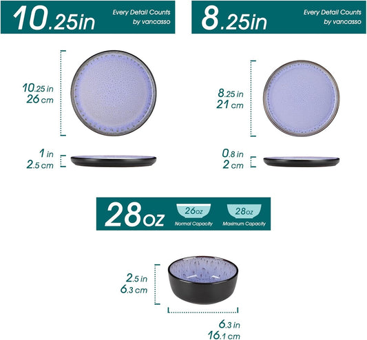 vancasso Plates and Bowls Sets, 18 Pieces Stoneware Dinnerware Sets for 6, Kitchen Dish Set Mircowave and Dishwasher Safe Dinner Set Ceramic Dishware, Light Purple, Series AMBER