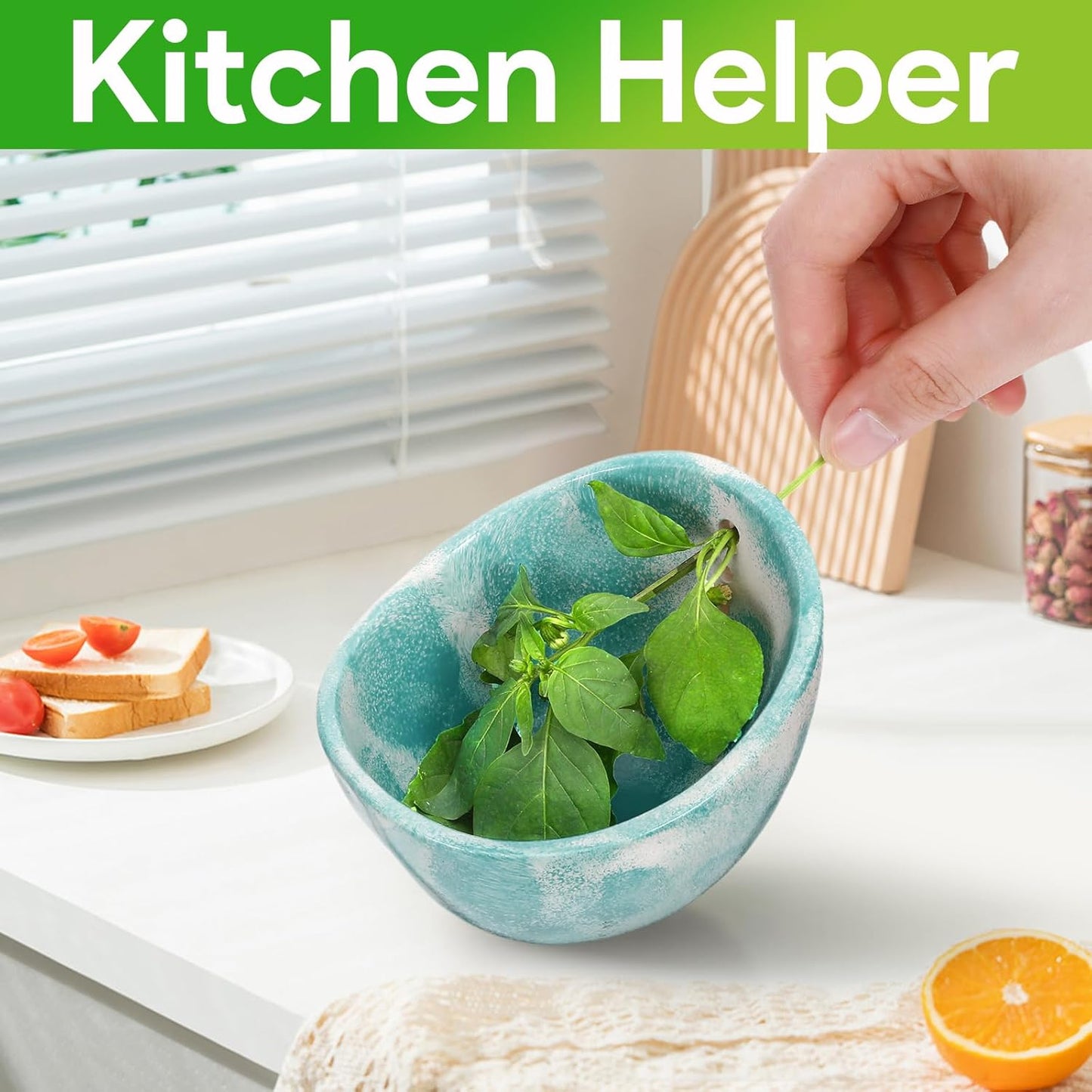 Herb Stripper, Herb Stripper Bowl, Small Ceramic Bowls, Handmade Different Round Hole Sizes Efficient Kitchen Tool for Separating Leaves and Stems,Salads & Cooking (Blue)