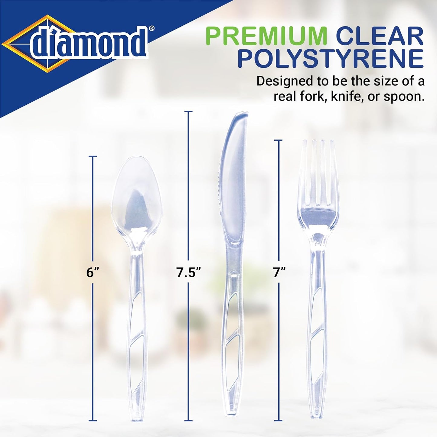 Diamond® Premium Clear Plastic Cutlery Set – 288 Count (144 Forks, 96 Spoons, 48 Knives), Disposable Full-Size Utensils, Party & Everyday Use