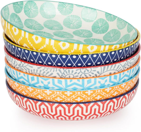 KitchenTour Large Pasta Bowls 34 oz, Ceramic Salad Serving Bowls Set of 6, 8.6 Inch Wide and Shallow Bowl Soup Bowl- Dishwasher and Microwave Safe, Assorted Colors