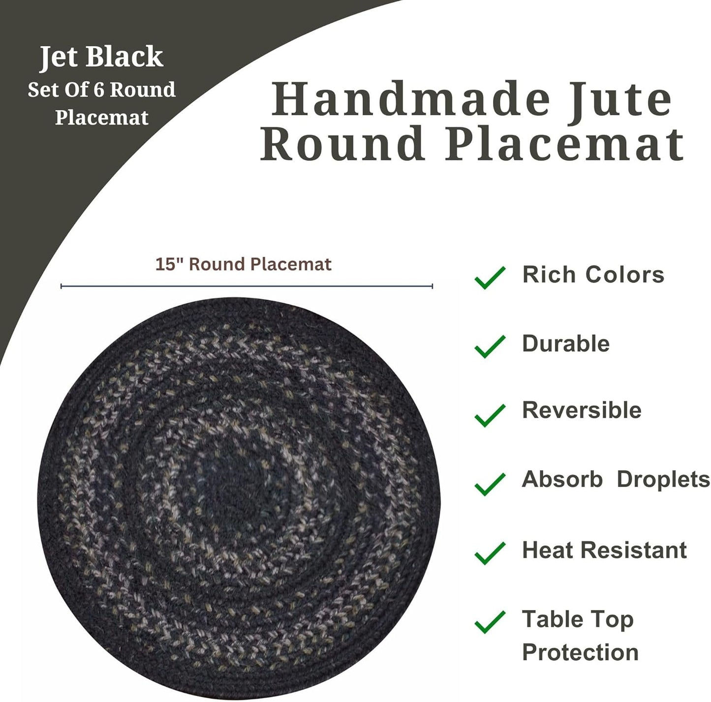 Homespice Jet Black Jute Woven Round Placemats Set of 6, 15", Warm Primitive Decor Table Mats - Vibrant Colors, Durable, Easy to Clean and Protects Furniture