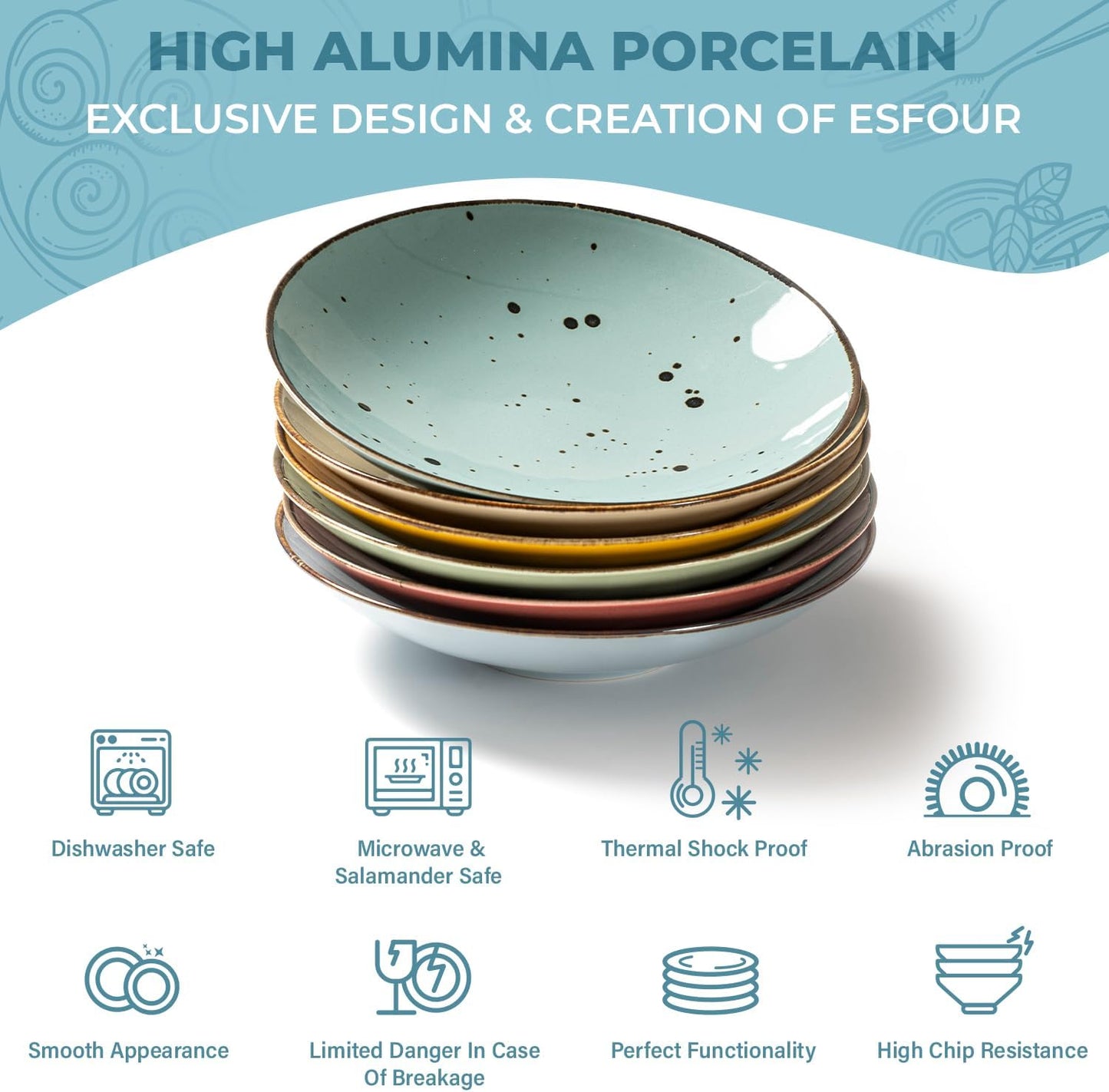 Esfour Ceramic 7.84 Inch Serving Bowls - Set of 6 | 20 Oz Large Pasta Salad Bowls, Microwave/Oven Safe, Wide Shallow Porcelain Bowls for Party, Dinner, Entertaining, Stackable - Vivid Assorted Colors