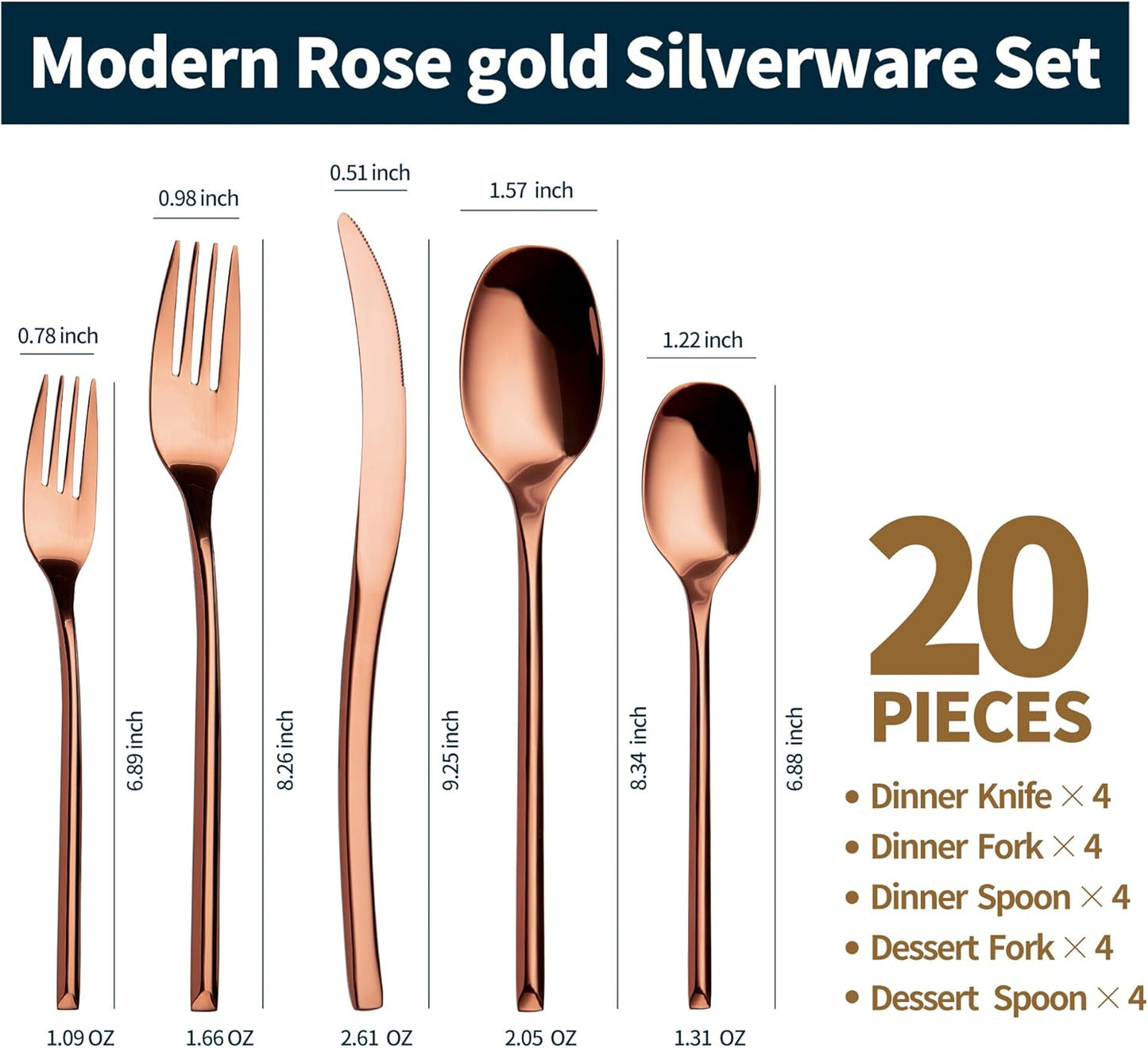 Lemeya 20-Piece Rose Gold Silverware Set for 4,Modern 18/10 Stainless Steel Flatware Set,Luxury Cutlery Set,Unique Utensils Set for Restaurant,Spoons and Forks Set,Mirror Polished,Dishwasher Safe
