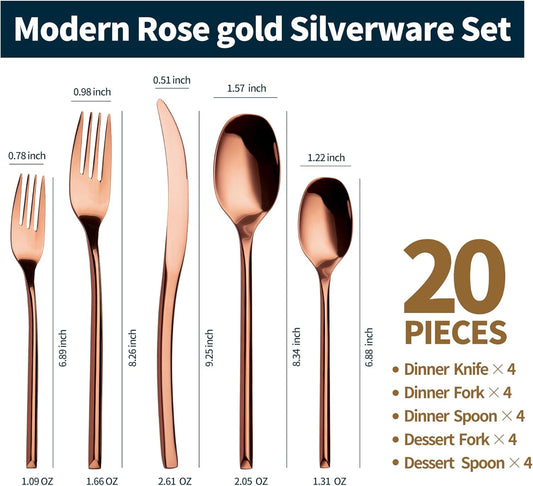 Lemeya 20-Piece Rose Gold Silverware Set for 4,Modern 18/10 Stainless Steel Flatware Set,Luxury Cutlery Set,Unique Utensils Set for Restaurant,Spoons and Forks Set,Mirror Polished,Dishwasher Safe