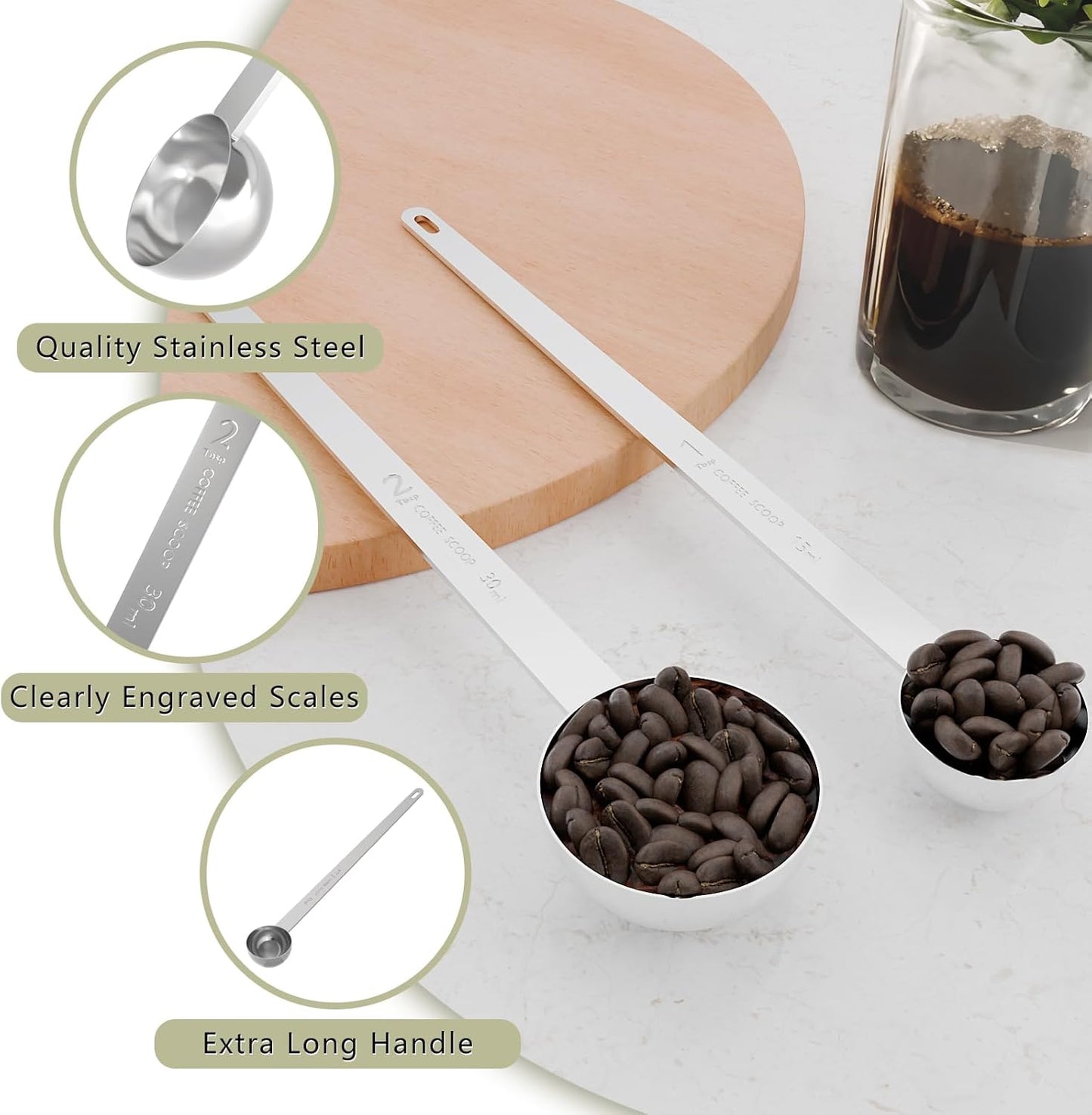 1PCS 2 Teaspoon Coffee Scoop, 9.1" Long Handle Measuring Spoon, 2tsp (10 ml) Stainless Steel Scooper
