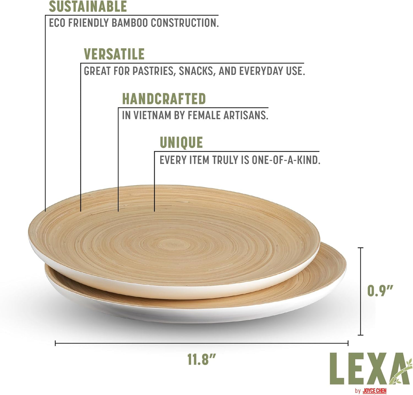 LEXA 12" Handcrafted 2PCs Bamboo Round Wooden Serving Tray For Serving Food - Small Wooden Tray For Ottoman Coffee Table Tray - Charcuterie Wood Trays Home Decor - Decorative Tray For Kitchen Counter