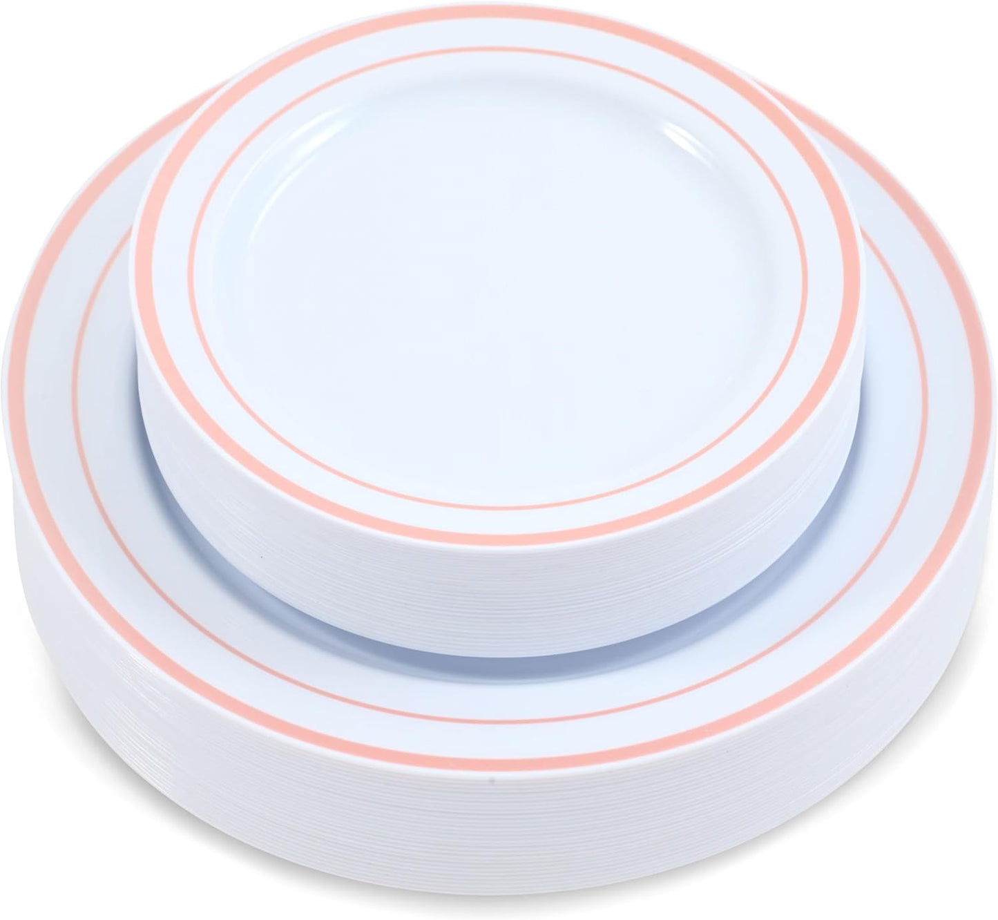 60 Pieces White Plastic Disposable Plates - Premium Heavy-Duty 30 Dinner Plates & 30 Salad Plates with Pink Rim Ideal for Party, Birthday and Special Events
