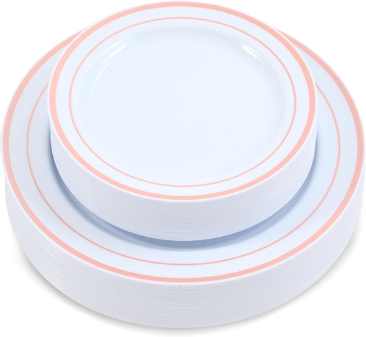 60 Pieces White Plastic Disposable Plates - Premium Heavy-Duty 30 Dinner Plates & 30 Salad Plates with Pink Rim Ideal for Party, Birthday and Special Events