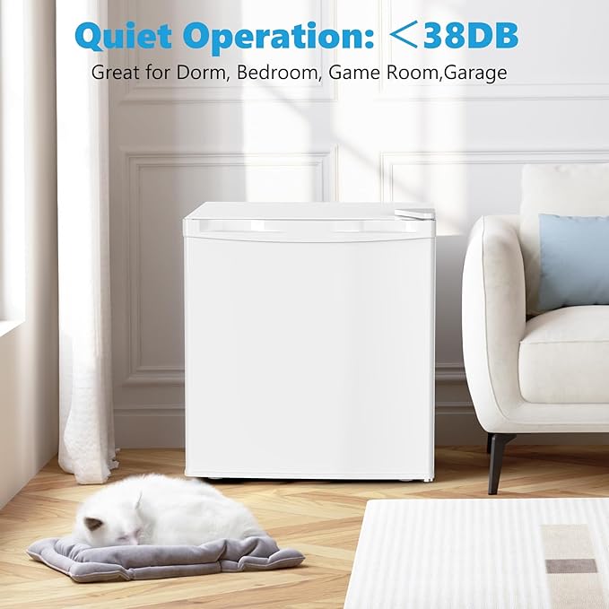 1.6 Cu.ft Mini Fridge with Freezer, Compact Single Reversible Door Refrigerator, Adjustable Thermostat, Ultra Quiet, Energy Efficient for Office, Dorm, Bedroom, Apartment -White