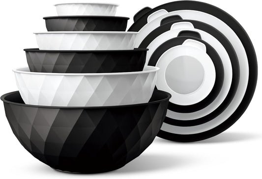 COOK WITH COLOR Mixing Bowls with Lids - 12 Piece Plastic Nesting Bowls Set includes 6 Prep Bowls and 6 Lids, Diamond Design - Microwave Safe, Black and White