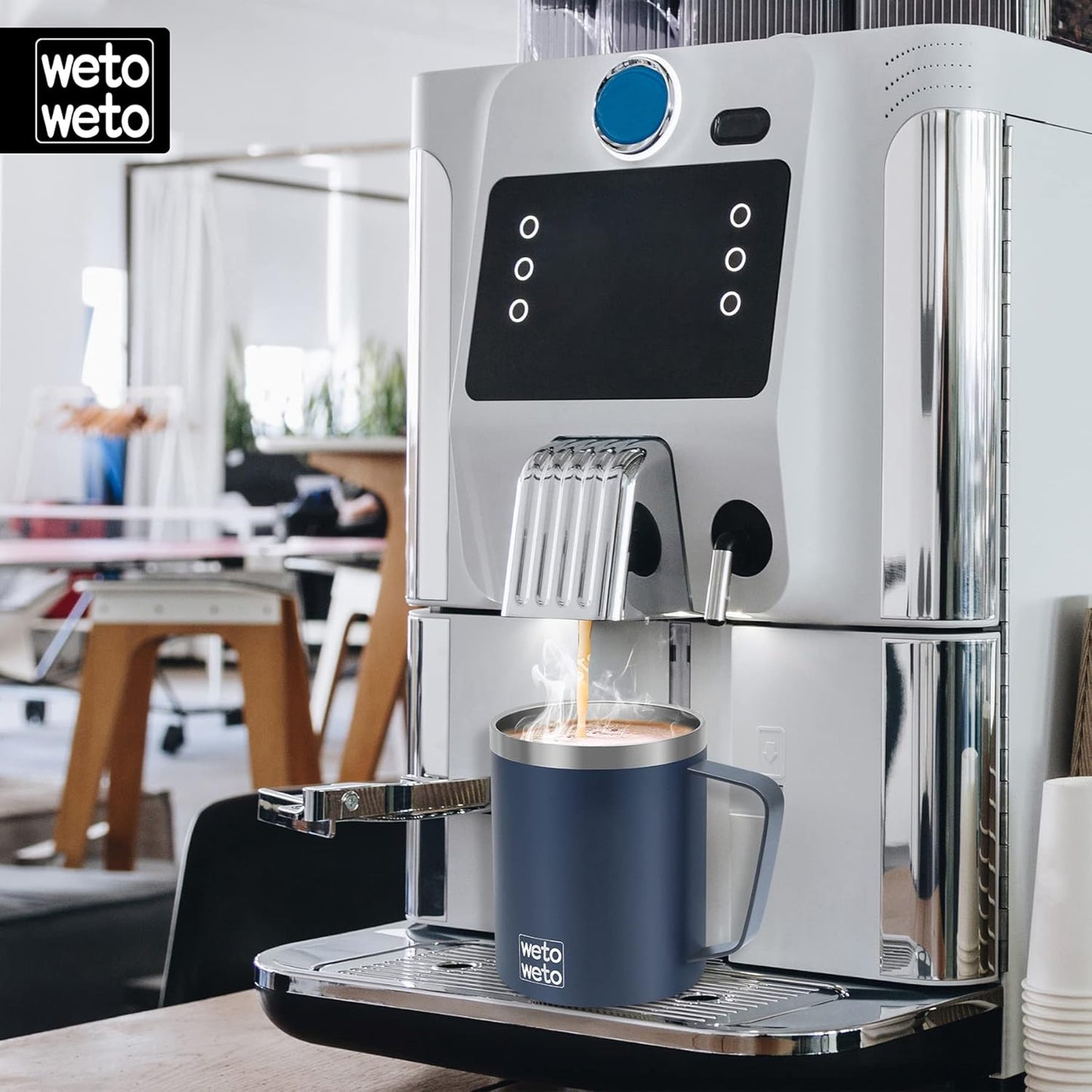 WETOWETO 14 oz Coffee Mug, Vacuum Insulated Camping Mug with Lid, Double Wall Stainless Steel Travel Tumbler Cup, Coffee Mugs Outdoor, Navy Blue & Black 2 Packs