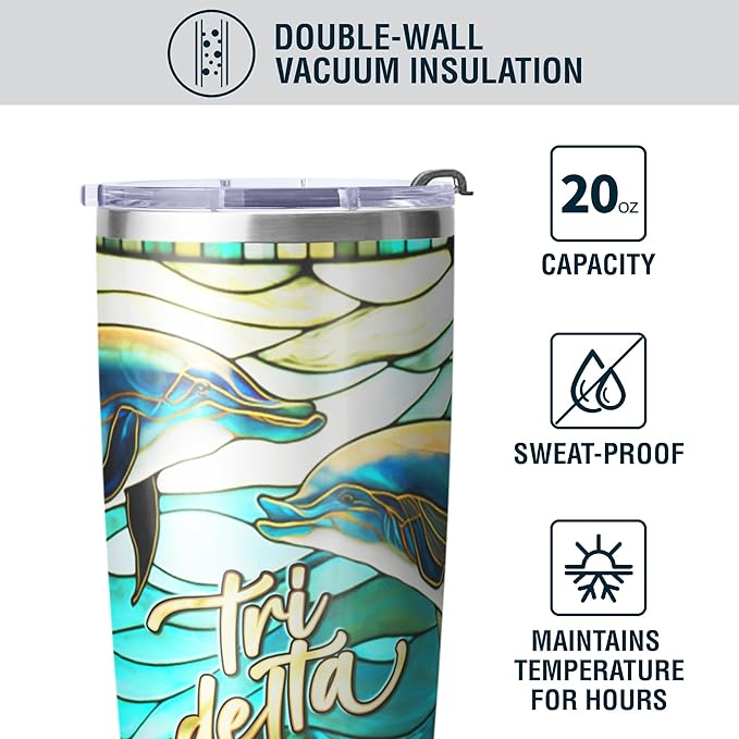Tri Delta Sorority Paraphernalia - Official Vendor - 20 oz Stainless Steel Insulated Sublimation Tumblers - Dolphins