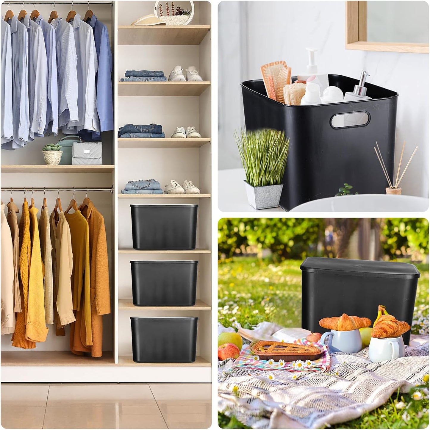 Hoolerry 8 Pieces Colorful Storage Bins with Lid, Plastic Storage Basket Organizing Container Stackable Box with Handle for Shelves Desktop Playroom Office(14.2 x 10.2 x 9.5 Inch,Black)