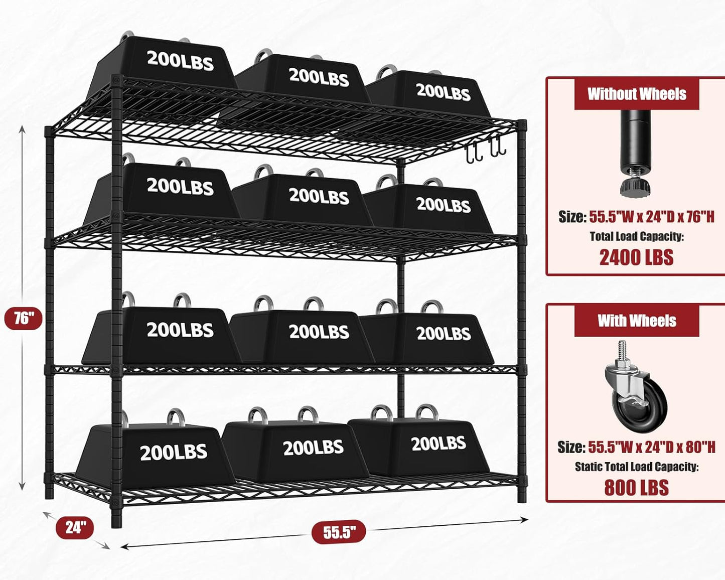 PrimeZone 3 Packs 55.5" W x 24" D x 80" H Heavy Duty Wire Storage Shelves with Wheels, 4 Tier Adjustable NSF Certified Garage Shelving Unit, Rolling Metal Organizer Shelf Rack for Warehouse, Pantry