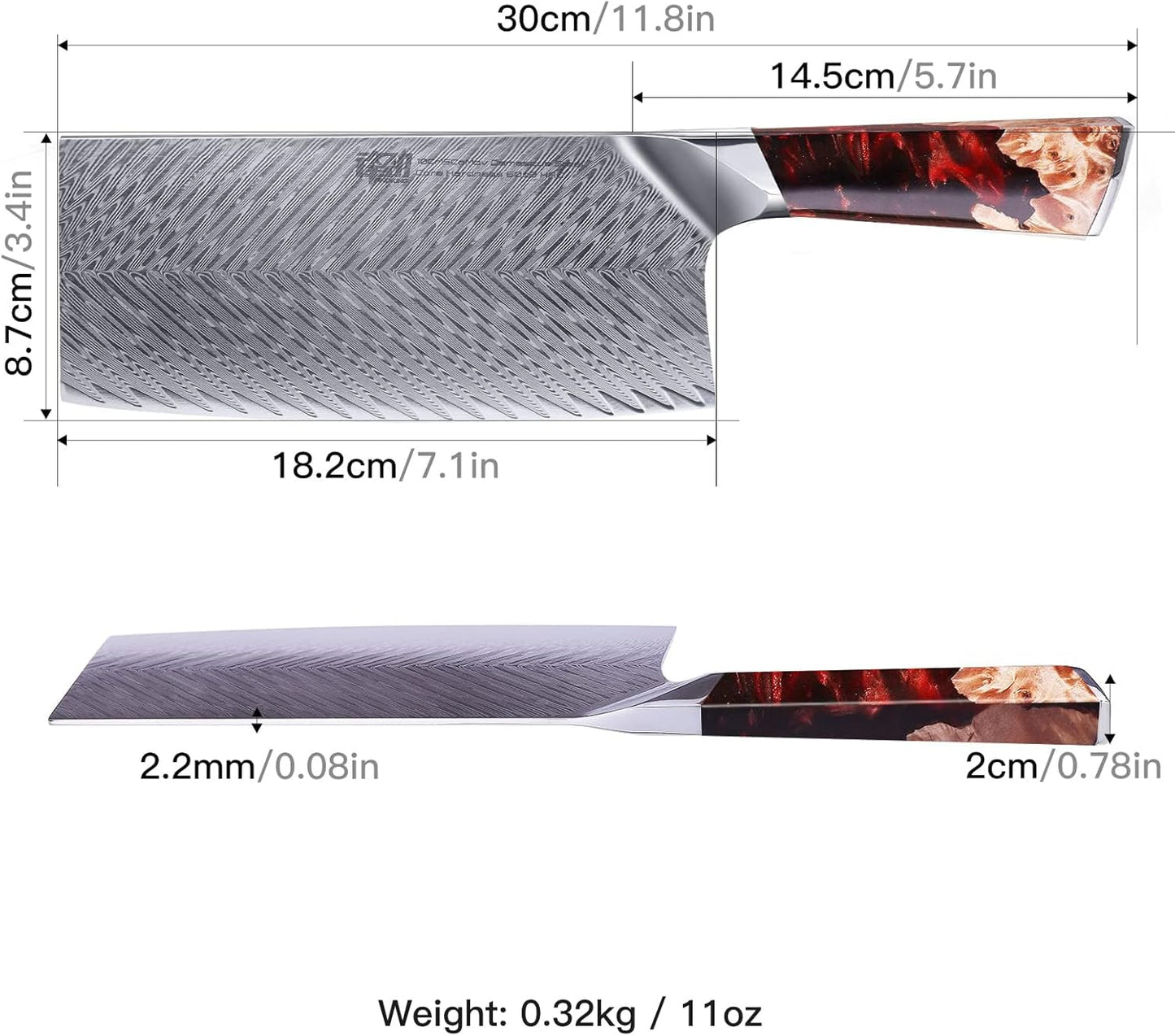 FINDKING Nebula Series Cleaver Knife, Multipurpose Chinese Chef Knife, 10Cr15CoMov Damascus Steel Blade, Resin and Figured Sycamore Handle, Full Tang, 7 Inch, Red, for Meat, Vegetable Shredding