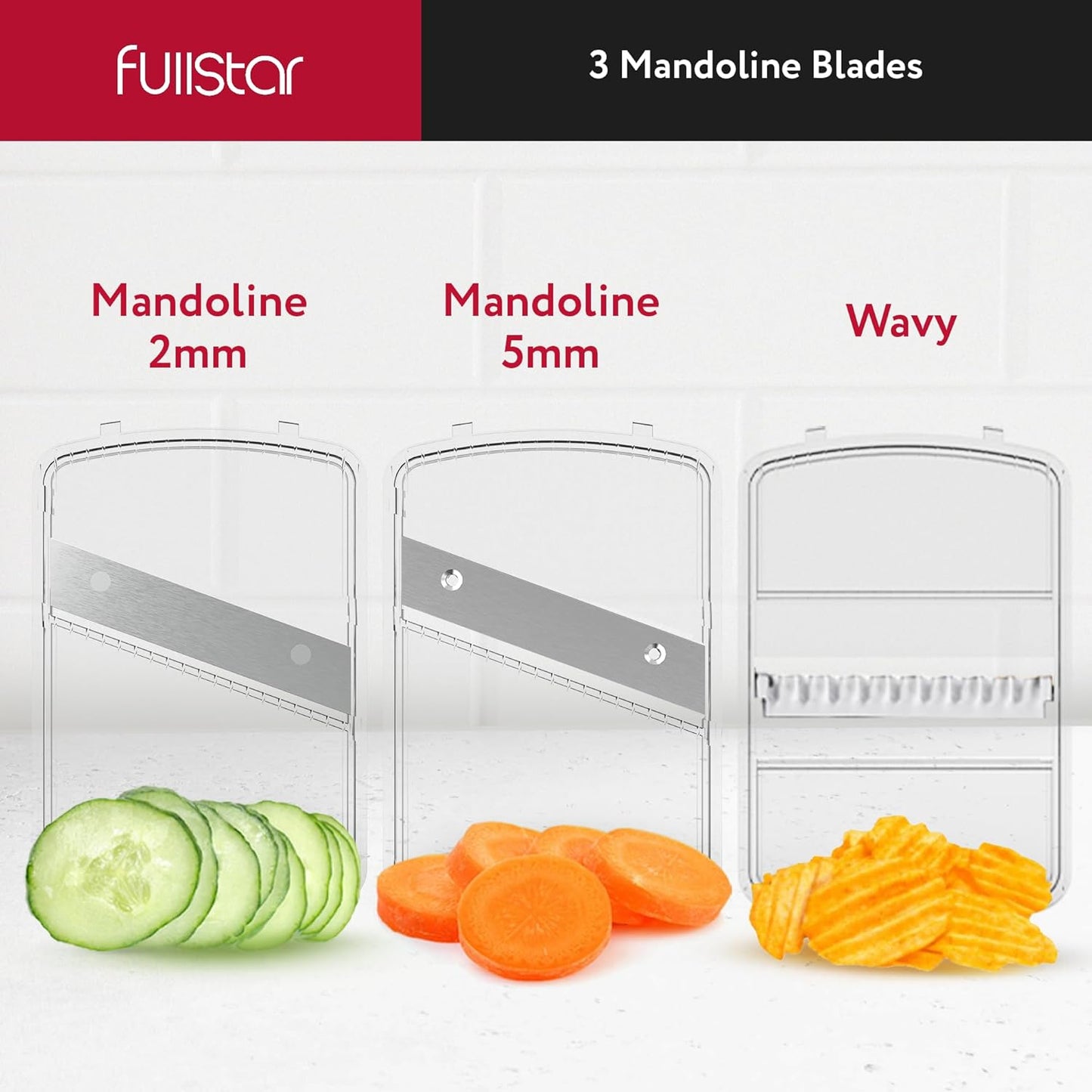 Fullstar Mandoline Slicer for Kitchen, Fruit Cutter, Cheese Grater, Cucumber Slicer, Veggie Spiralizer, Food Cutter & Kitchen Gadgets with Safety Glove (11 in 1, Clear)