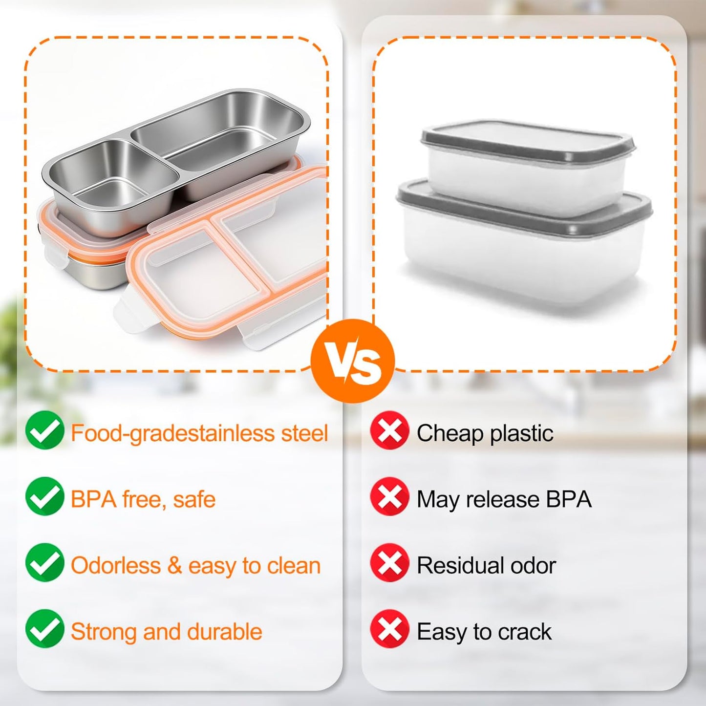 2 Pack Stainless Steel Snack Containers with Lids, Multiple Compartment Leak-Proof Metal Bento Lunch Box, Reusable Divided Food Storage for Work, Travel, Camping
