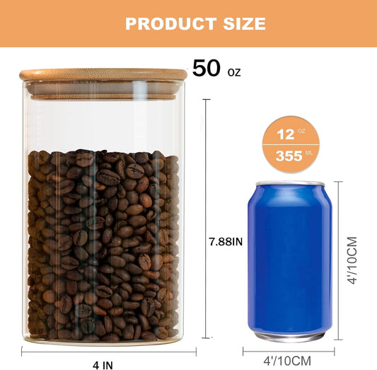 Liuruiyu 50oz Glass Food Storage Jars Set of 6,Glass Storage Containers Clear Glass Food Canister with Bamboo Lid Airtight For Serving Tea, Coffee, Flour, Sugar, Candy, Cookie, Spice and More (Round)