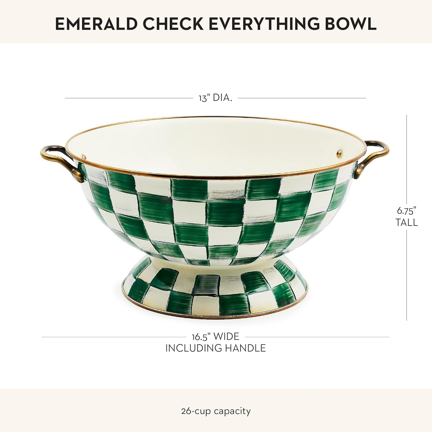MACKENZIE-CHILDS Enamel Bowl, Serving Bowl for Entertaining, Everything Bowl, Green-and-White Emerald Check