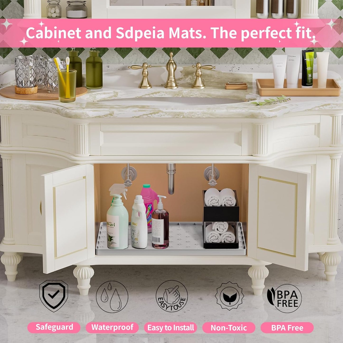 Sdpeia Under Sink Mat for [22" x 19"] Cabinet, Upgraded Silicone Waterproof Mat Kitchen Cabinet Liner Cabinet Protector Kitchen Organizers and Storage