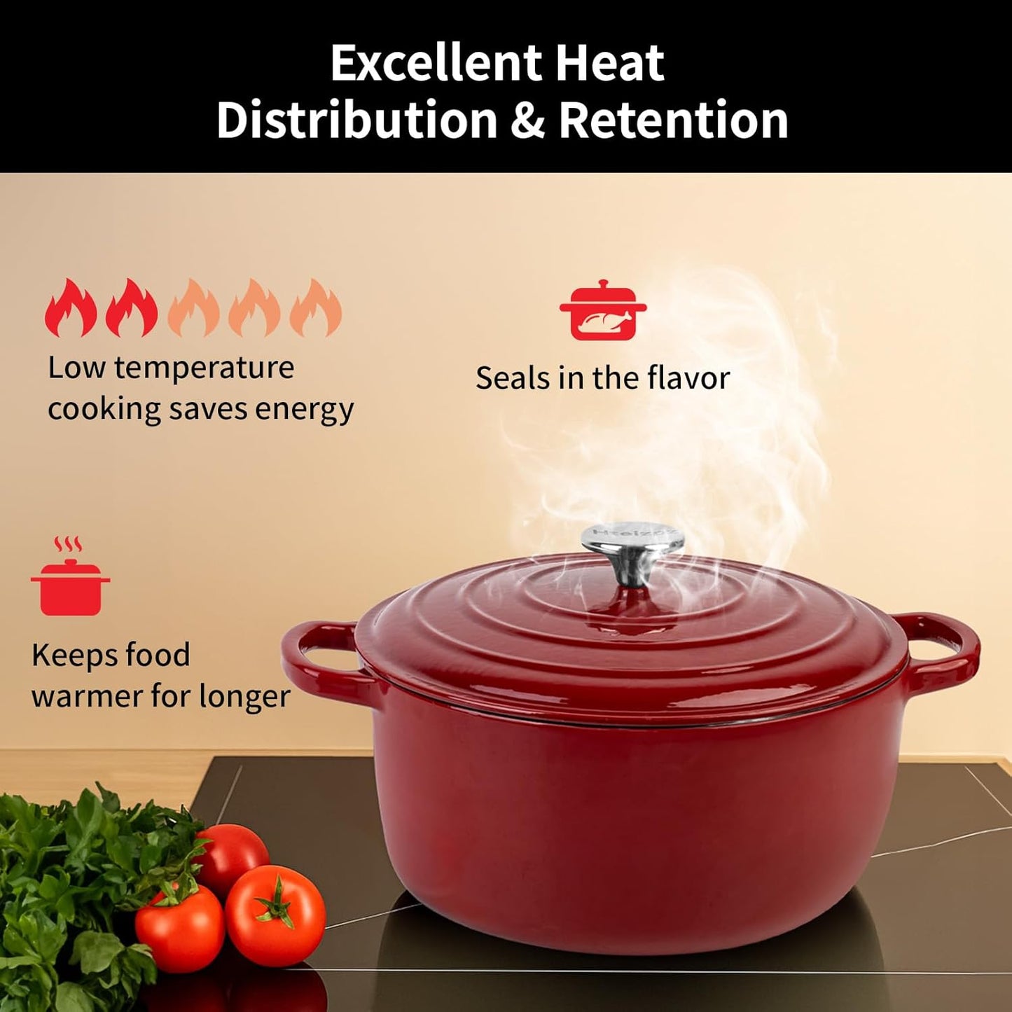 Enameled Cast Iron Dutch Oven Pot with Lid, 3.9 Quart Dutch Oven for Bread Baking, Oven Safe up to 500° F, Suitable for Bread Baking, Braising, Roasting, Stews, Red