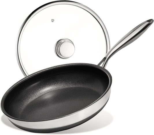 KITEXPERT Non Stick Frying Pans with Lid, 12" Titanium Ceramic Pan Nonstick Stainless Steel Skillet, PFAS PFOA & PTFE Free, Quick-Cool Handle, Dishwasher & Oven Safe, Compatible with All Cooktops