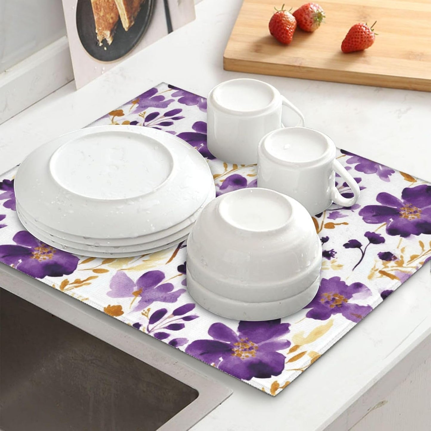 Purple Gold Watercolor Floral Dish Drying Mats for Kitchen Counter & Sink, Absorbent Microfiber Drying Pad for Dishes, Washable Foldable Romantic Kitchen Mat for Dining Area & Home Decor, 16" x 18"
