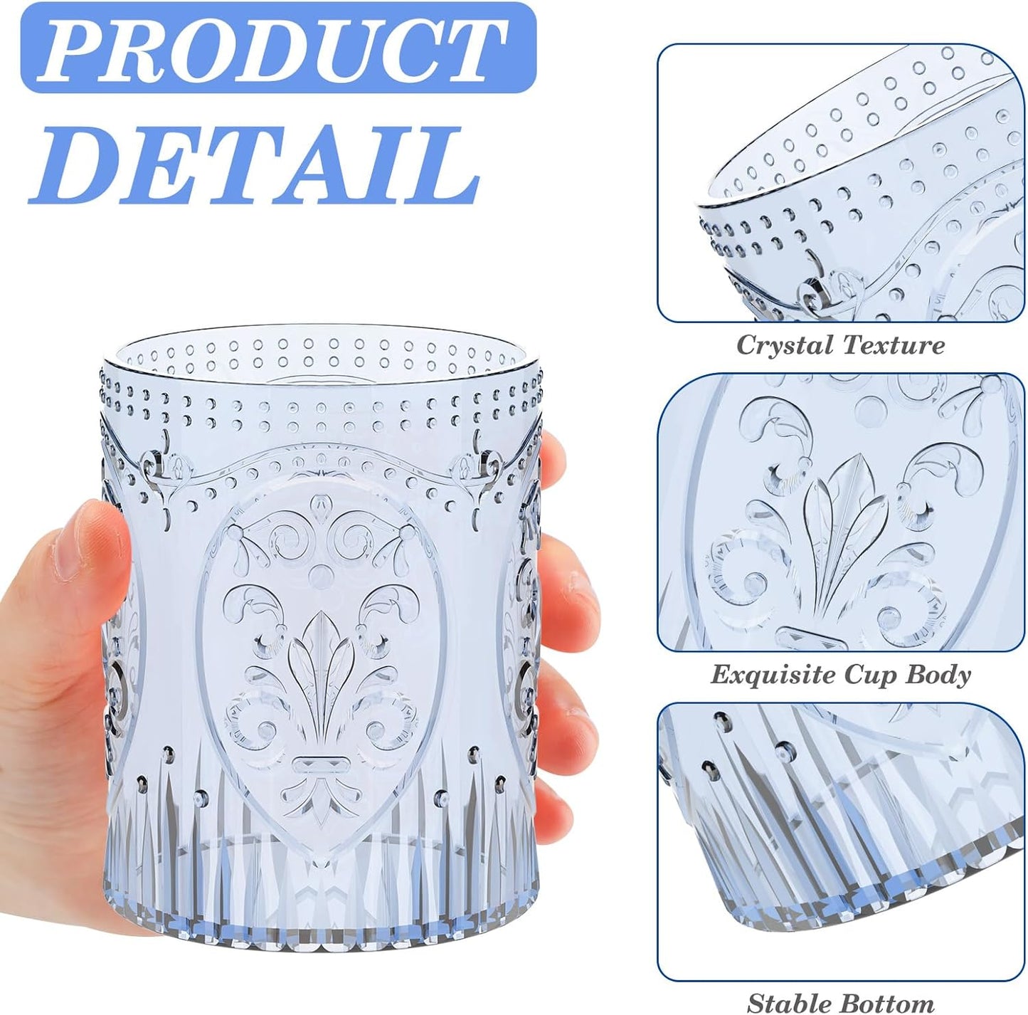 100 Plastic Vintage Drinking Glasses 8.5oz Stemless Retro Embossed Wine Glasses Shatterproof Reusable Cups for Baby Shower Wedding Reception Grand Event Party (Blue)