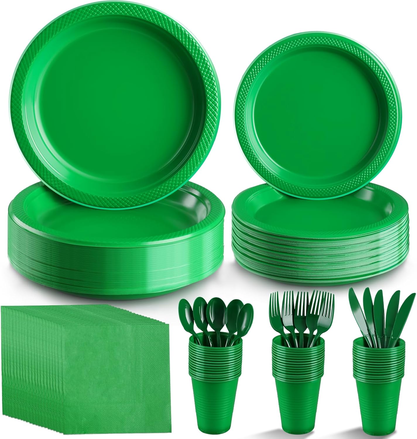 Green Party Supplies,Green Disposable Plates,Including Green Plastic Plates and Napkins, Plastic Cutlery and 12OZ Cups for Engagement Wedding Birthday Christmas Party,Serve 25 Guests