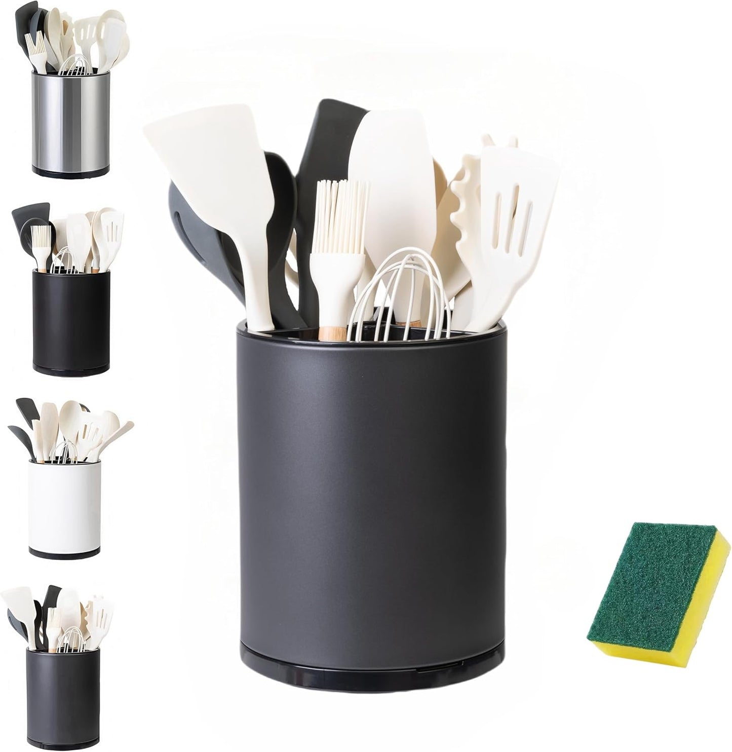 Utensil Holder,Large 360°Rotating Kitchen Utensil Holder For Counter,Cooking Silverware Organizer Stainless Steel Caddy Flatware Spoon Spatula Tool Cutlery Container