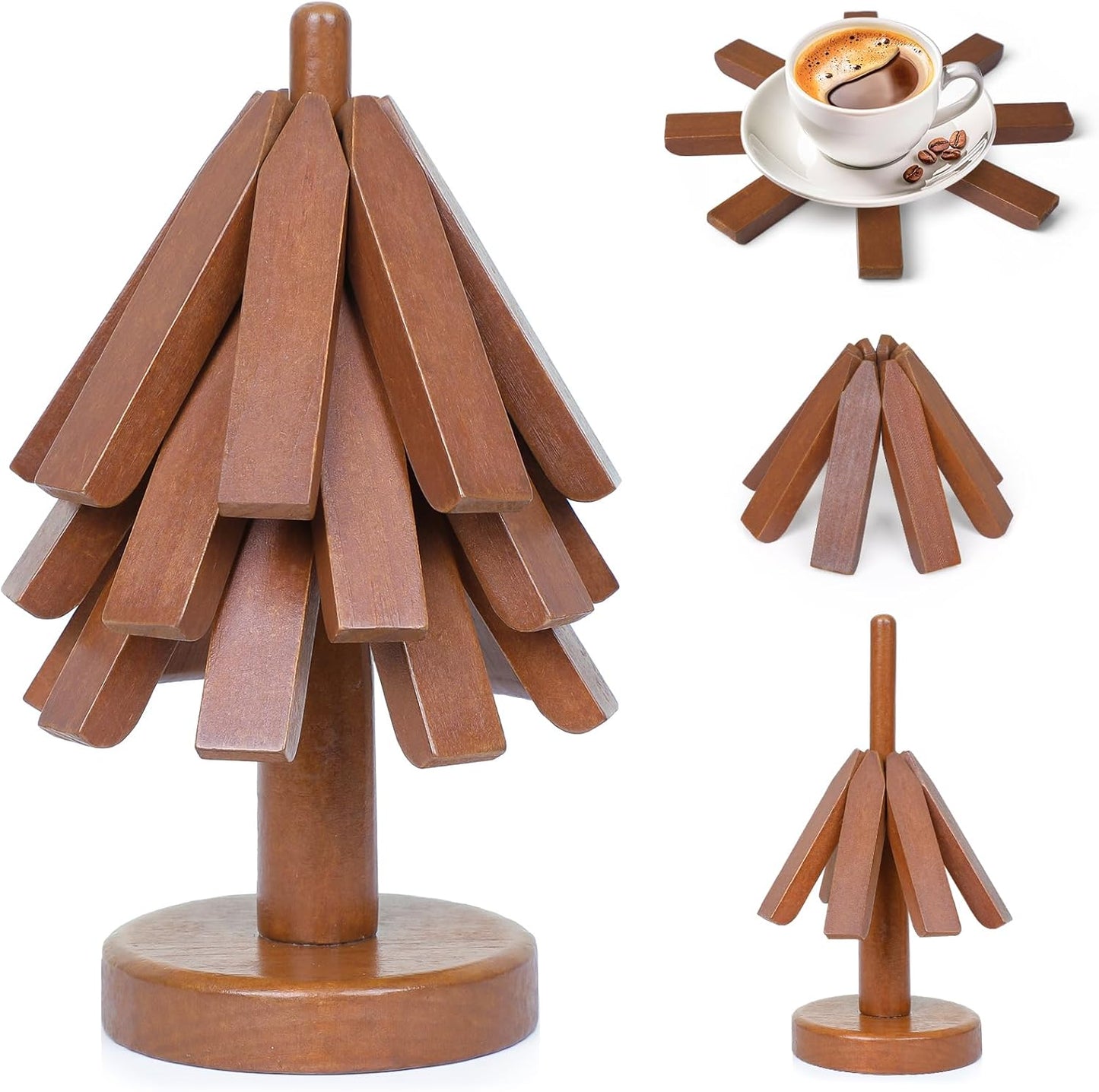 Tree Coasters Set of 3 - Wooden Trivets for Hot Dishes, Trivet Tree for Hot Pads, Trivet Mats Foldable Heat Resistant Pads Multifunctional Ornaments for Teapot Pans Kitchen Table (Walnut)