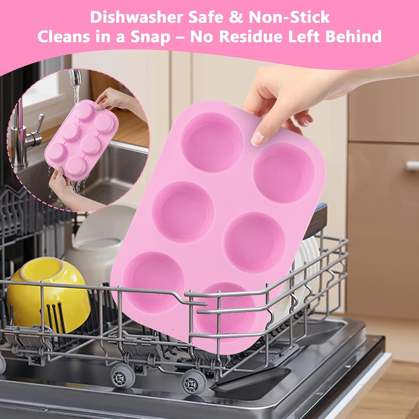 3-Pack 6-Cup Silicone Muffin Pans, Nonstick Cupcake Baking Molds, Muffin Cupcake Pans Molds for Baking, BPA/PFA-Free, Dishwasher & Oven Safe - Pink