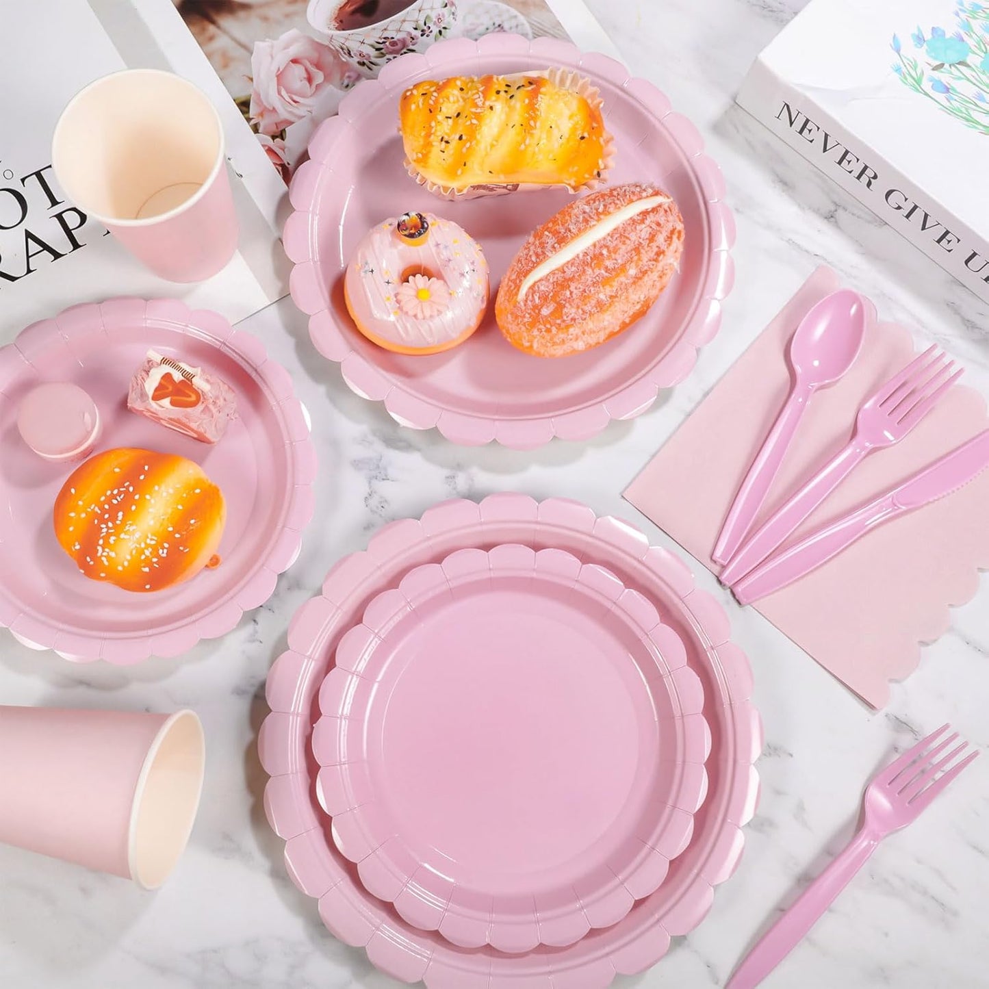 350 Pcs Pink Paper Plates and Napkins, Light Pink Party Supplies Include Scalloped Plates Napkins Cups Plastic Spoons Forks Knives for Baby Bridal Shower, Wedding, Birthday