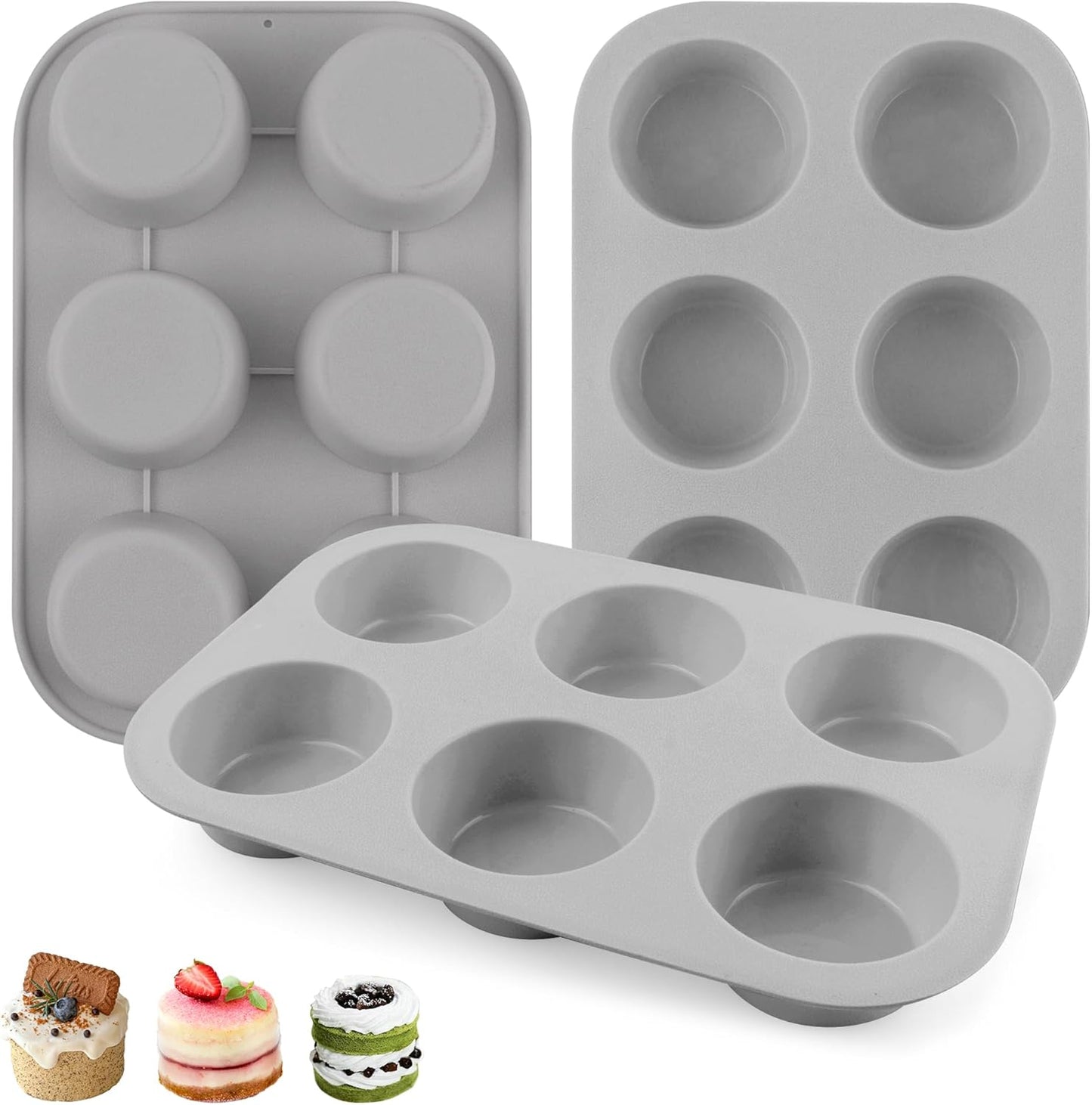 3-Pack 6-Cup Silicone Muffin Pans, Nonstick Cupcake Baking Molds, Muffin Cupcake Pans Molds for Baking, BPA/PFA-Free, Dishwasher & Oven Safe - Gray