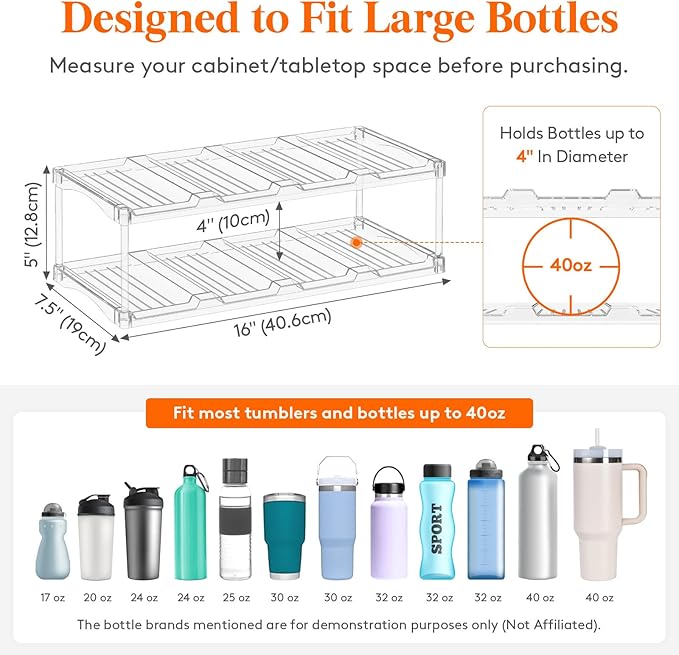 Lifewit Stackable Water Bottle Storage Organizer, Clear Tumbler Cup Mug Organizer, Plastic Large Compartment Wine Rack for Fridge Cellar Kitchen Pantry Storage, 2Tier Hold 8