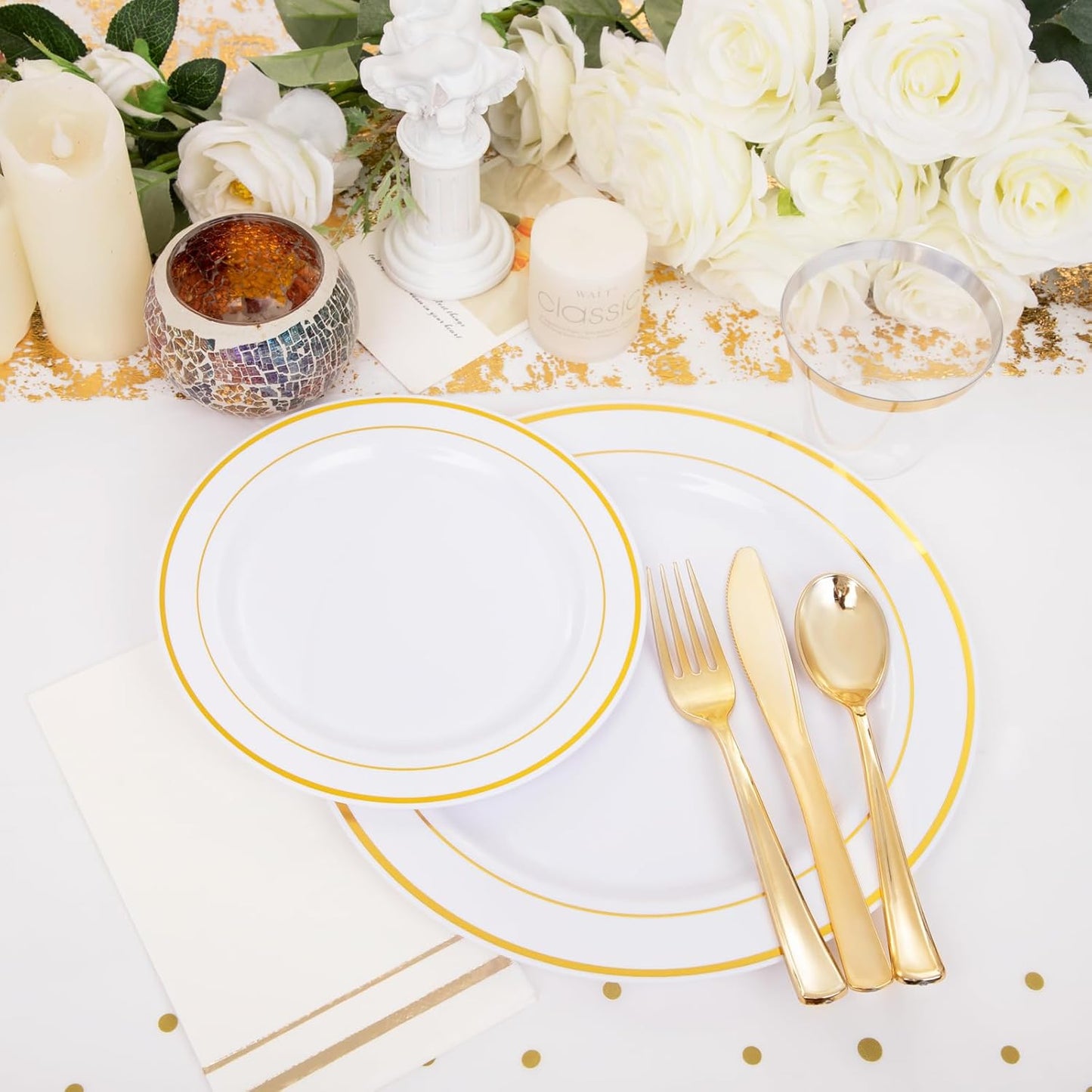 GATHER 176 Pieces Gold Dinnerware Disposable - White and Gold Plastic Plates Includes 50 Plates, 25 Plastic Silverware, 25 Napkins, 25 Cups and 1 Tablecloth for Wedding Party Thanksgiving