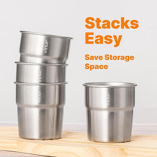 VINUR 4 Pack Stainless Steel Cups 8 oz Pint Tumbler Stackable Metal Drinking Glasses for Travel, Camping, Outdoors (Silver)