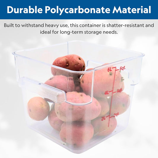 FSE Square Food Storage Container with Red Lid, 6 Quart, Polycarbonate, Reusable, Clear, NSF
