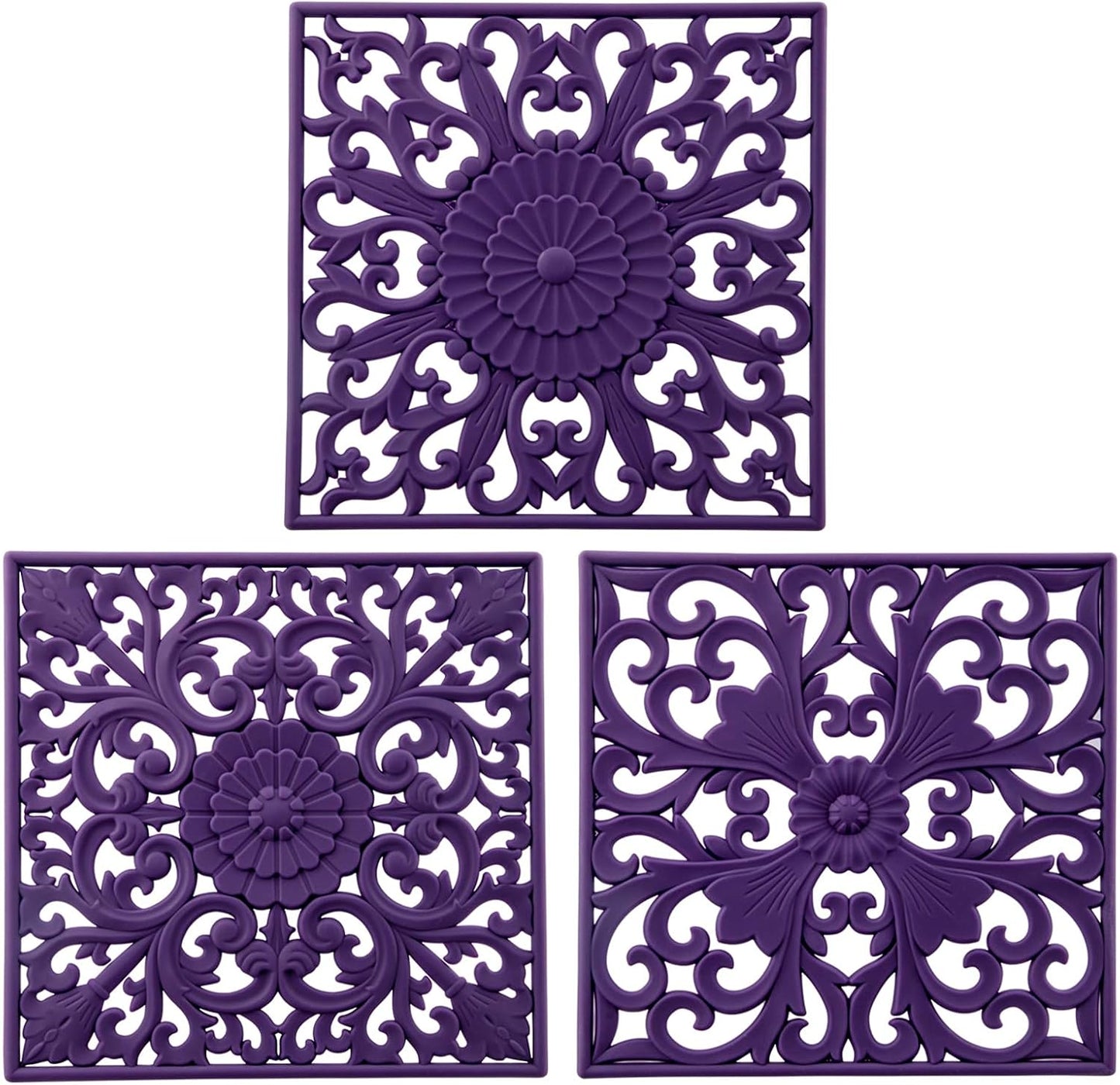 Silicone Trivets for Hot Dishes-Pots&Pans, Square Multi-Use Carved Trivet Mat, Insulated Silicone Mats, Flexible Trivet Mat for Countertop&Tabletop, Pot Holders Hot Pads Set 3 Purple