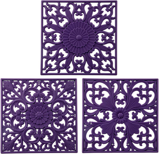 Silicone Trivets for Hot Dishes-Pots&Pans, Square Multi-Use Carved Trivet Mat, Insulated Silicone Mats, Flexible Trivet Mat for Countertop&Tabletop, Pot Holders Hot Pads Set 3 Purple