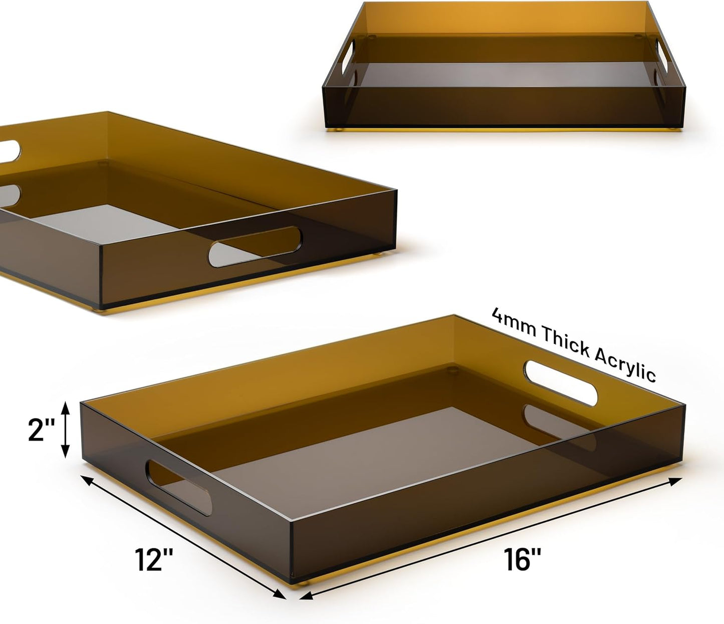 16"x12" Large Acrylic Serving Tray Decorative Ottoman Coffee Table Vanity Tray Tea Fruit Platter Snack Appetizer Dessert Drink with Handles for Bar Kitchen Party, Amber