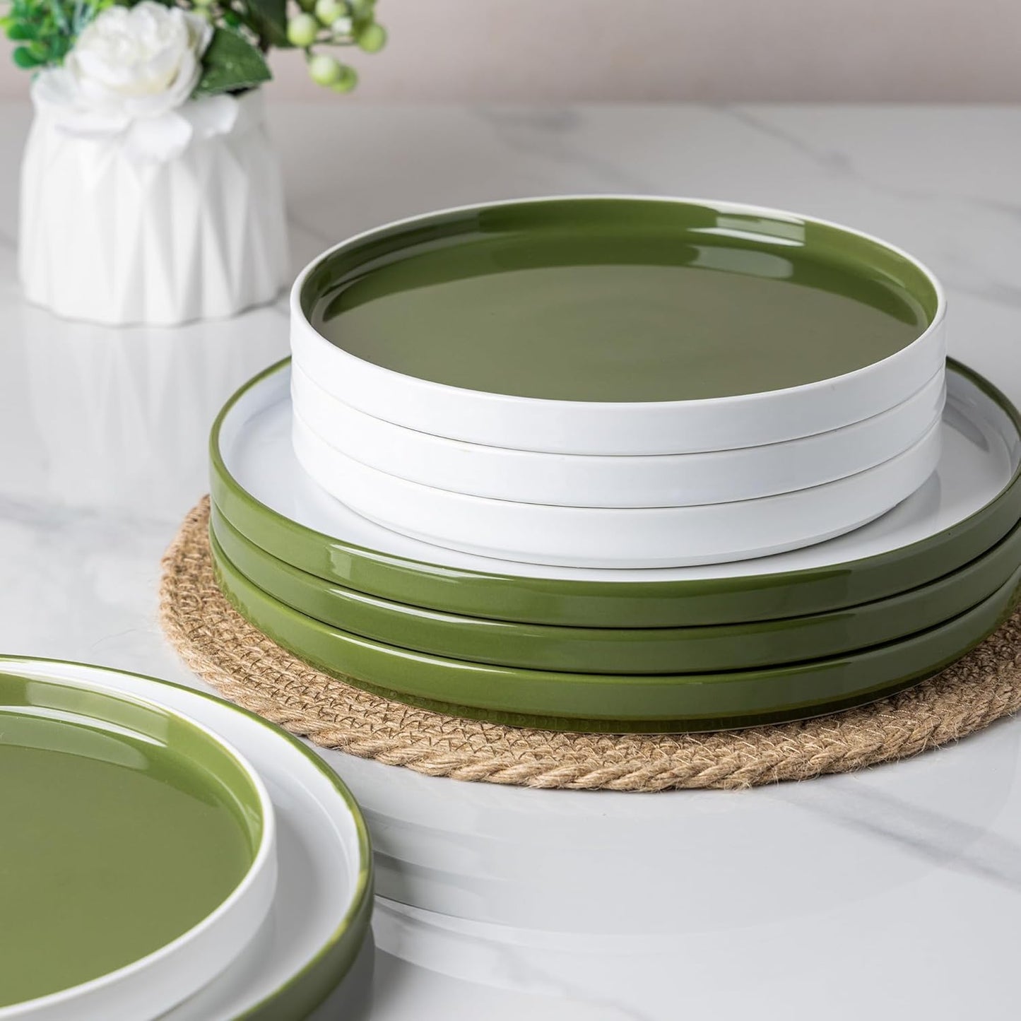 AmorArc Ceramic Dinner Plates Set of 6,10.5 inch Large Stoneware plates for Kitchen, Microwave&Dishwasher Safe,Scratch Resistant-Green
