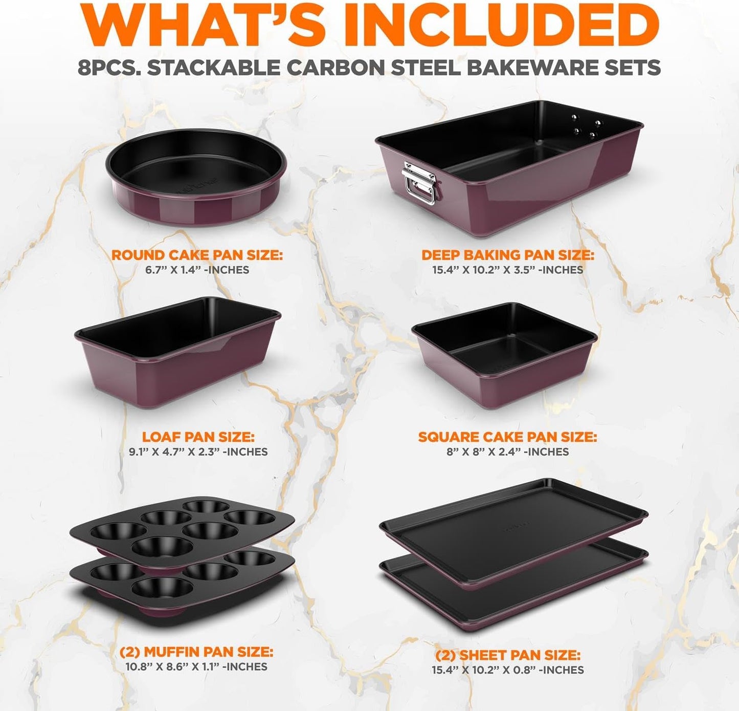 NutriChef 8-Piece Nonstick Stackable Bakeware Set - PFOA, PFOS, PTFE Free Baking Pan Set w/Non-Stick Coating, 450°F Oven Safe, Round Cake, Loaf, Muffin, Wide/Square Pans, Cookie Sheet (Plum)