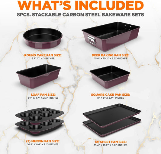 NutriChef 8-Piece Nonstick Stackable Bakeware Set - PFOA, PFOS, PTFE Free Baking Pan Set w/Non-Stick Coating, 450°F Oven Safe, Round Cake, Loaf, Muffin, Wide/Square Pans, Cookie Sheet (Plum)